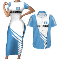 Guatemala Cute Quetzal Bird Couples Matching Short Sleeve Bodycon Dress and Hawaiian Shirt with Blue White Flag Colors and Tribal Pattern Design - Wonder Print Shop
