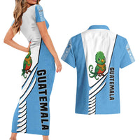 Guatemala Cute Quetzal Bird Couples Matching Short Sleeve Bodycon Dress and Hawaiian Shirt with Blue White Flag Colors and Tribal Pattern Design - Wonder Print Shop