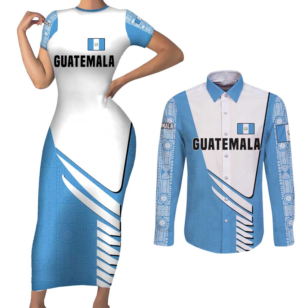 Guatemala Cute Quetzal Bird Couples Matching Short Sleeve Bodycon Dress and Long Sleeve Button Shirt with Blue White Flag Colors and Tribal Pattern Design - Wonder Print Shop
