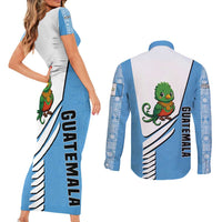 Guatemala Cute Quetzal Bird Couples Matching Short Sleeve Bodycon Dress and Long Sleeve Button Shirt with Blue White Flag Colors and Tribal Pattern Design - Wonder Print Shop