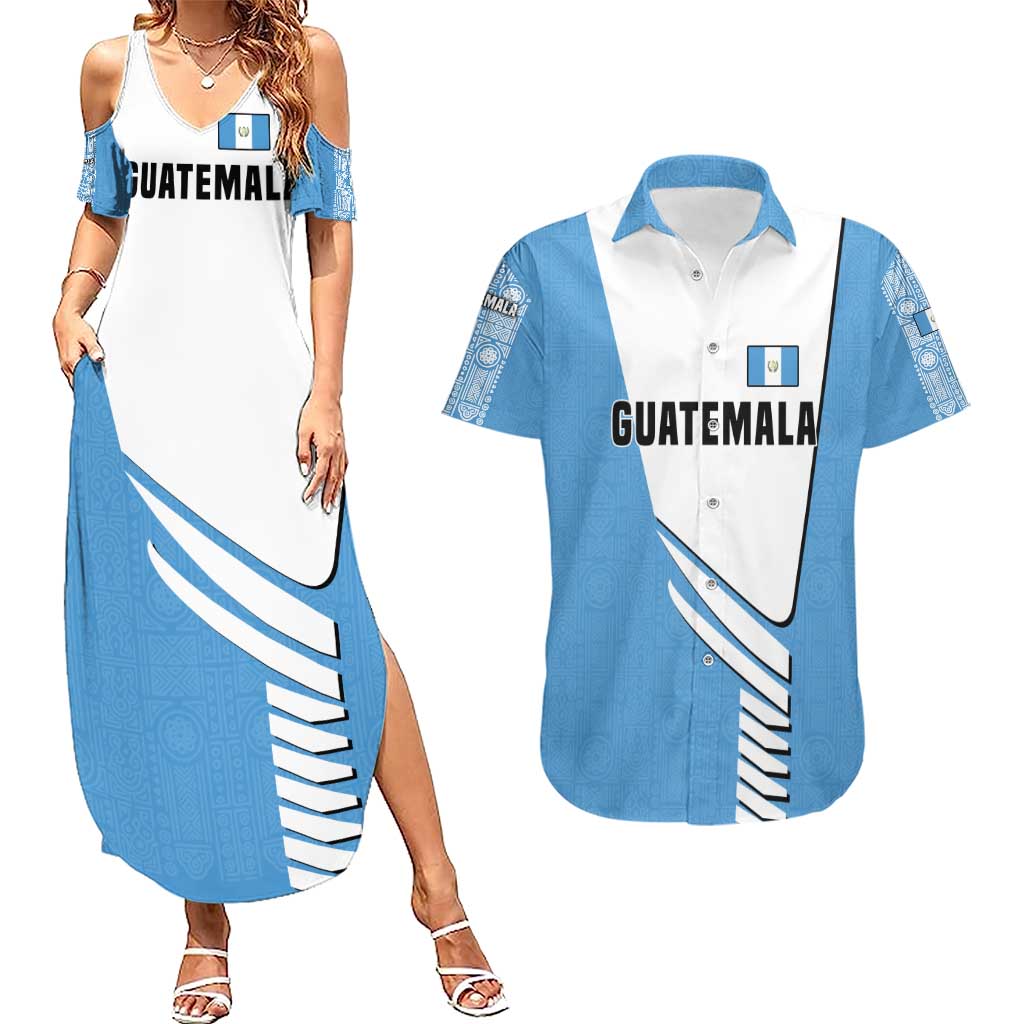 Guatemala Cute Quetzal Bird Couples Matching Summer Maxi Dress and Hawaiian Shirt with Blue White Flag Colors and Tribal Pattern Design - Wonder Print Shop