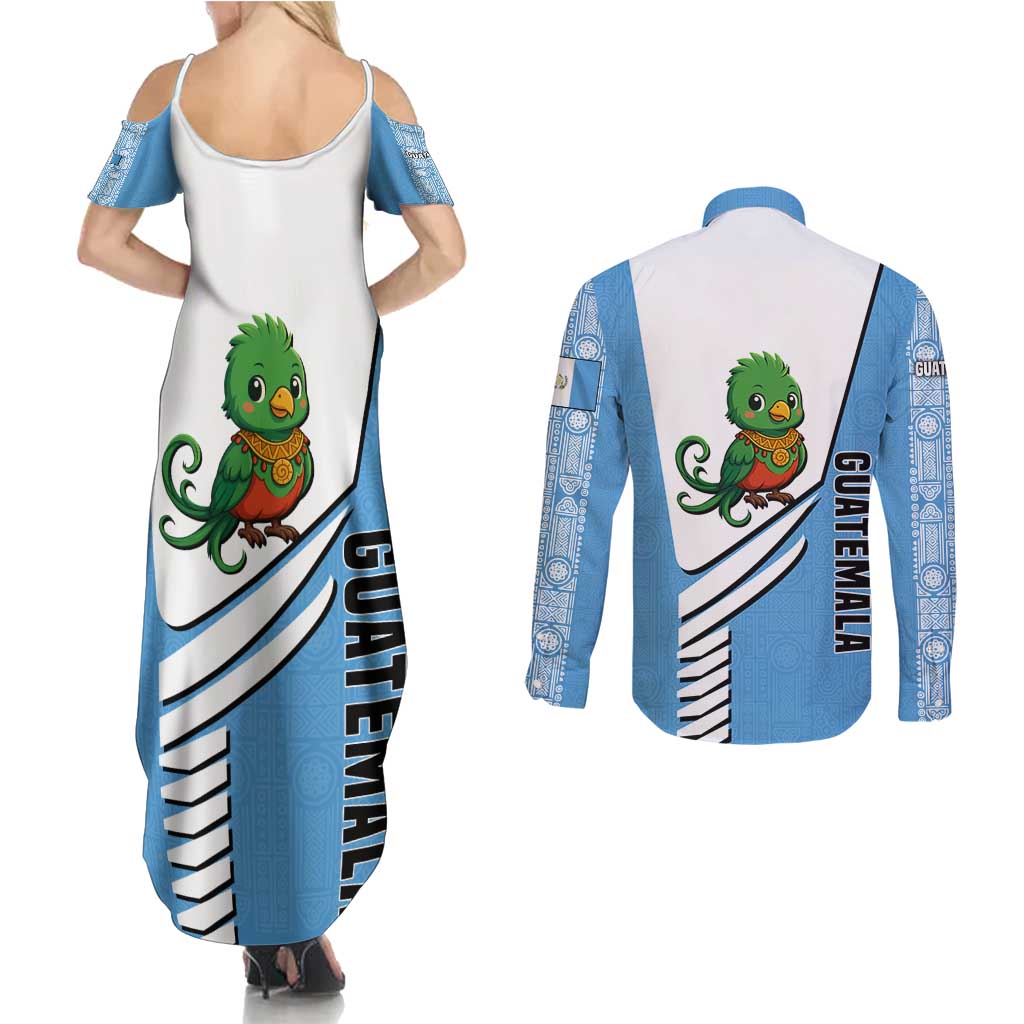 Guatemala Cute Quetzal Bird Couples Matching Summer Maxi Dress and Long Sleeve Button Shirt with Blue White Flag Colors and Tribal Pattern Design - Wonder Print Shop
