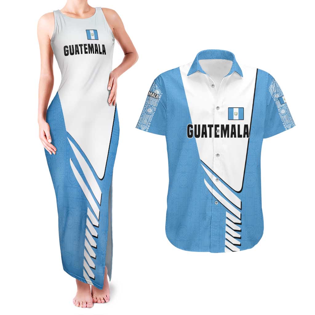 Guatemala Cute Quetzal Bird Couples Matching Tank Maxi Dress and Hawaiian Shirt with Blue White Flag Colors and Tribal Pattern Design - Wonder Print Shop