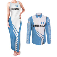 Guatemala Cute Quetzal Bird Couples Matching Tank Maxi Dress and Long Sleeve Button Shirt with Blue White Flag Colors and Tribal Pattern Design - Wonder Print Shop