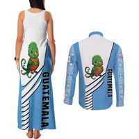Guatemala Cute Quetzal Bird Couples Matching Tank Maxi Dress and Long Sleeve Button Shirt with Blue White Flag Colors and Tribal Pattern Design - Wonder Print Shop