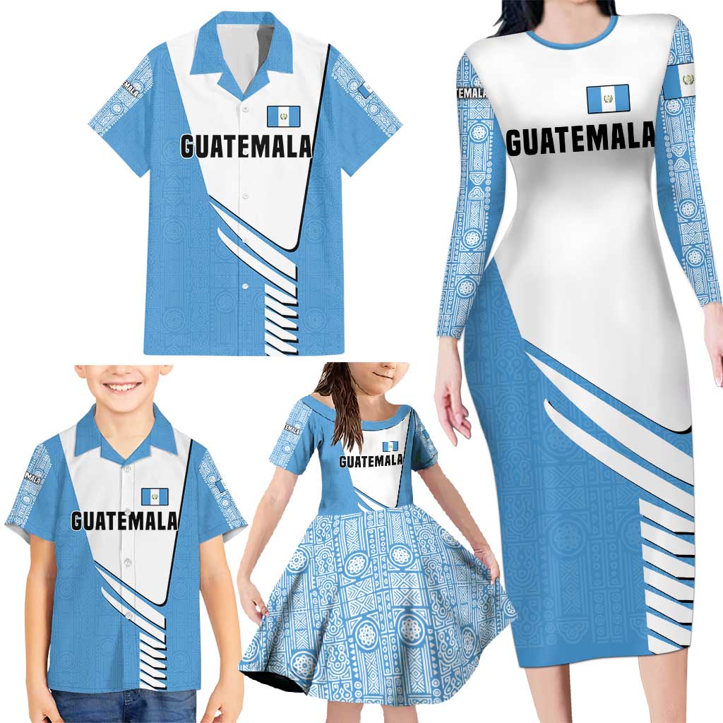Guatemala Cute Quetzal Bird Family Matching Long Sleeve Bodycon Dress and Hawaiian Shirt with Blue White Flag Colors and Tribal Pattern Design - Wonder Print Shop