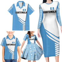 Guatemala Cute Quetzal Bird Family Matching Long Sleeve Bodycon Dress and Hawaiian Shirt with Blue White Flag Colors and Tribal Pattern Design - Wonder Print Shop