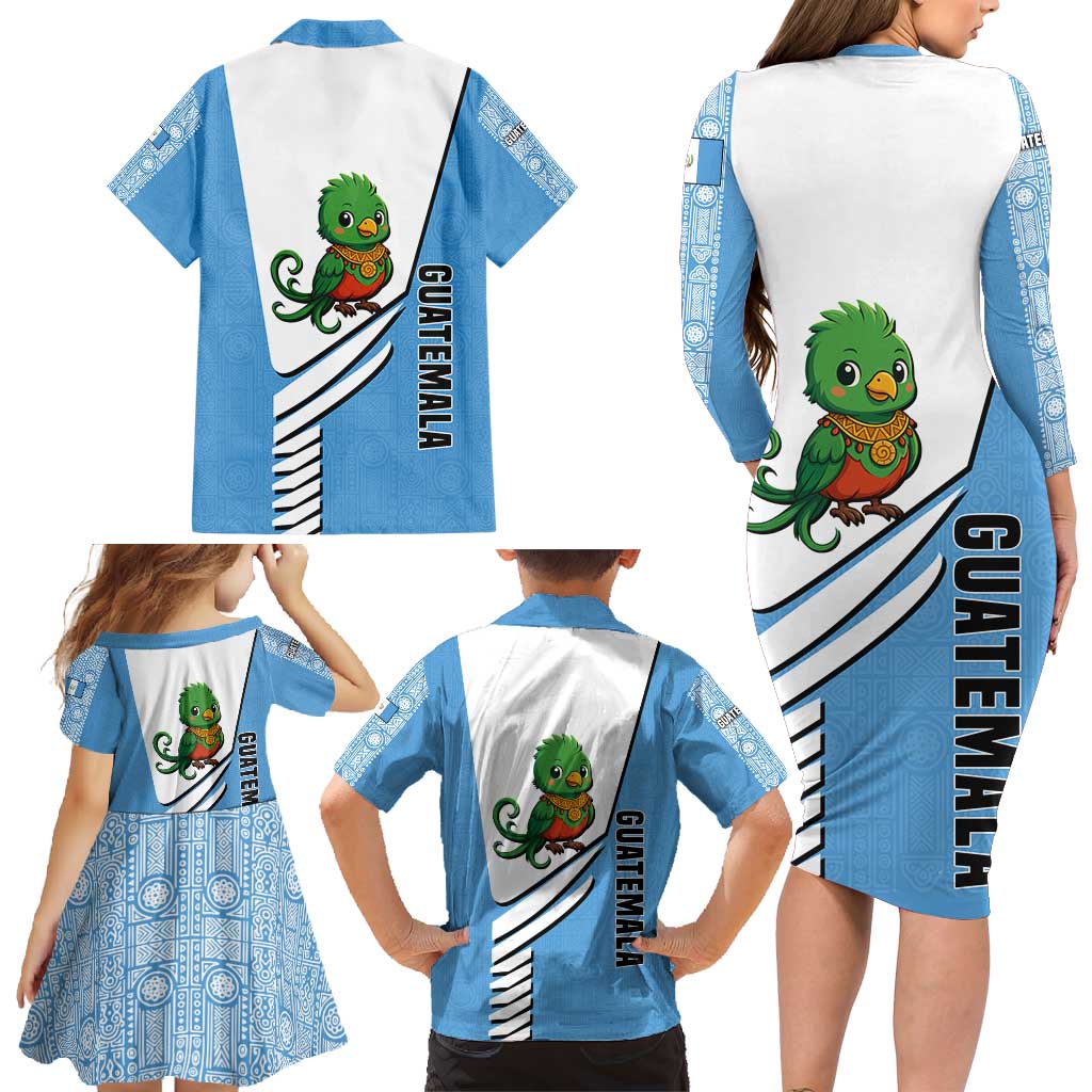 Guatemala Cute Quetzal Bird Family Matching Long Sleeve Bodycon Dress and Hawaiian Shirt with Blue White Flag Colors and Tribal Pattern Design - Wonder Print Shop