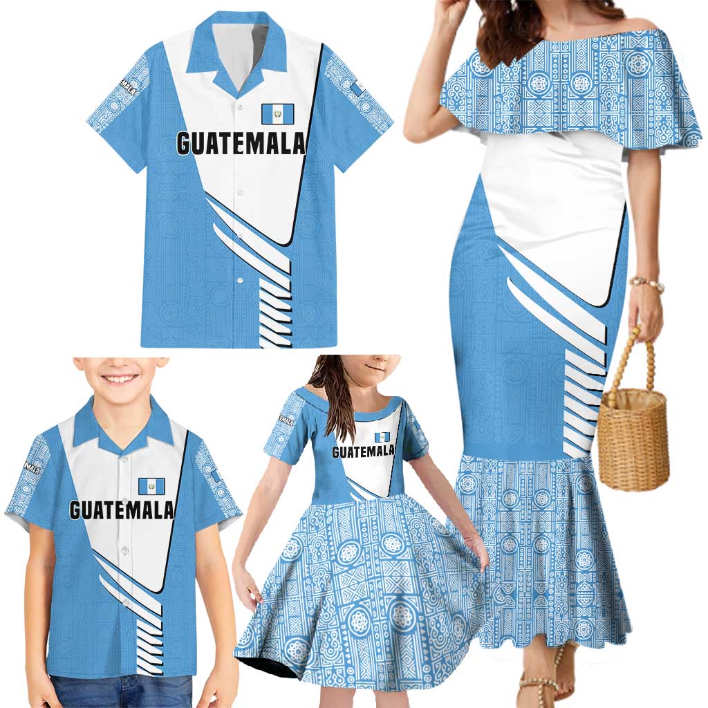 Guatemala Cute Quetzal Bird Family Matching Mermaid Dress and Hawaiian Shirt with Blue White Flag Colors and Tribal Pattern Design - Wonder Print Shop