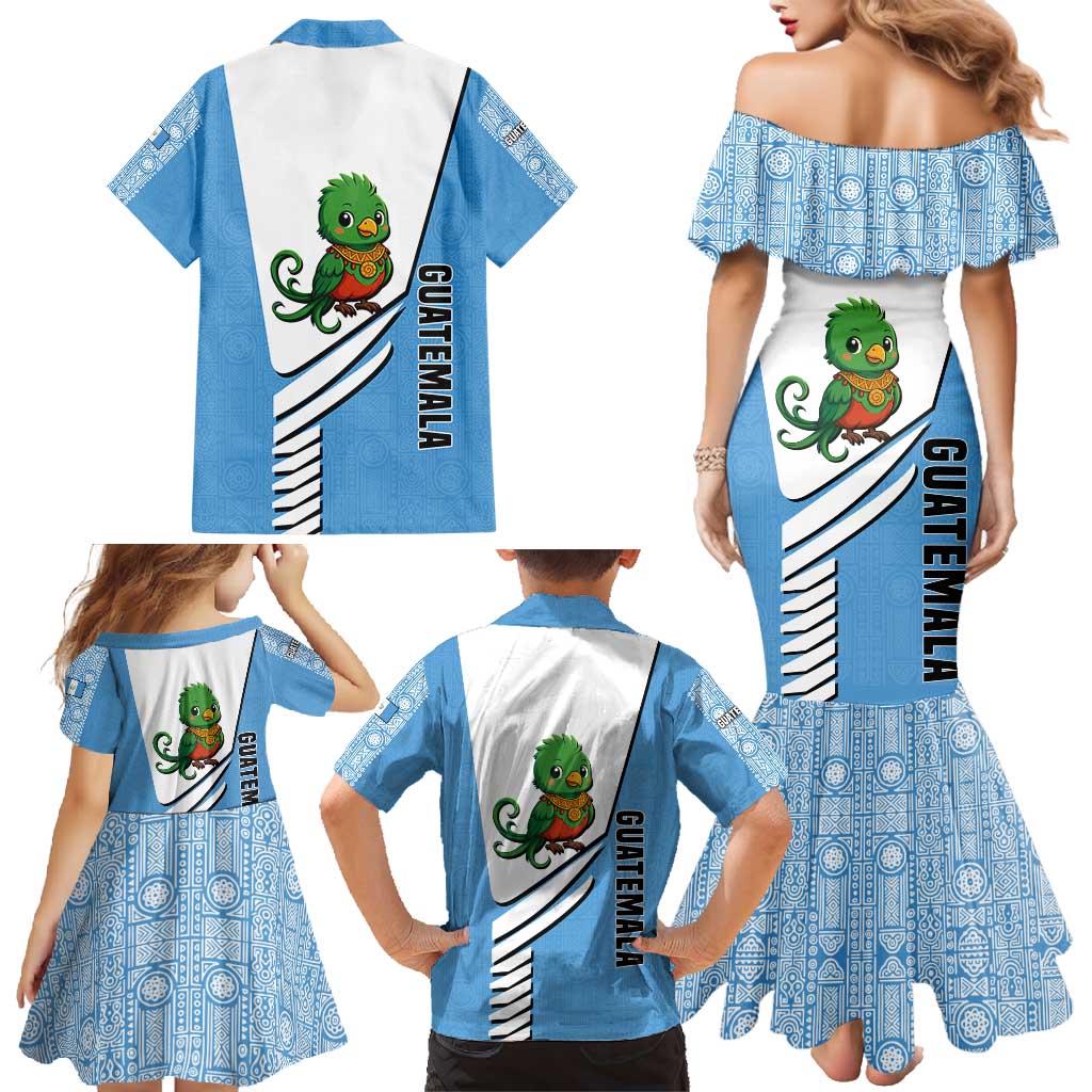 Guatemala Cute Quetzal Bird Family Matching Mermaid Dress and Hawaiian Shirt with Blue White Flag Colors and Tribal Pattern Design - Wonder Print Shop