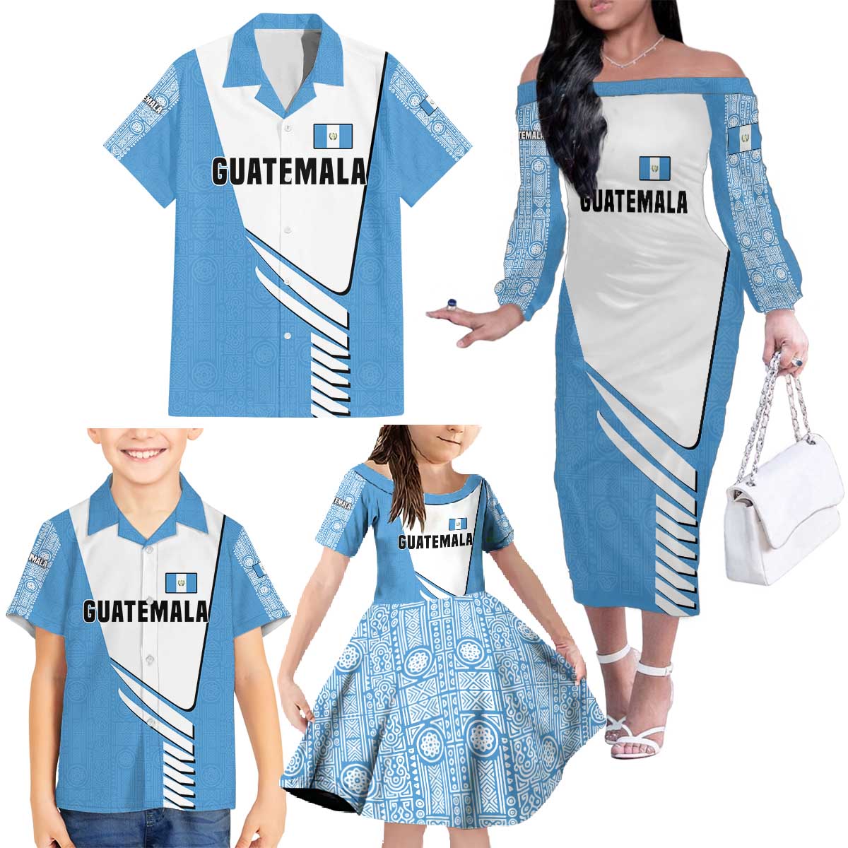 Guatemala Cute Quetzal Bird Family Matching Off The Shoulder Long Sleeve Dress and Hawaiian Shirt with Blue White Flag Colors and Tribal Pattern Design - Wonder Print Shop