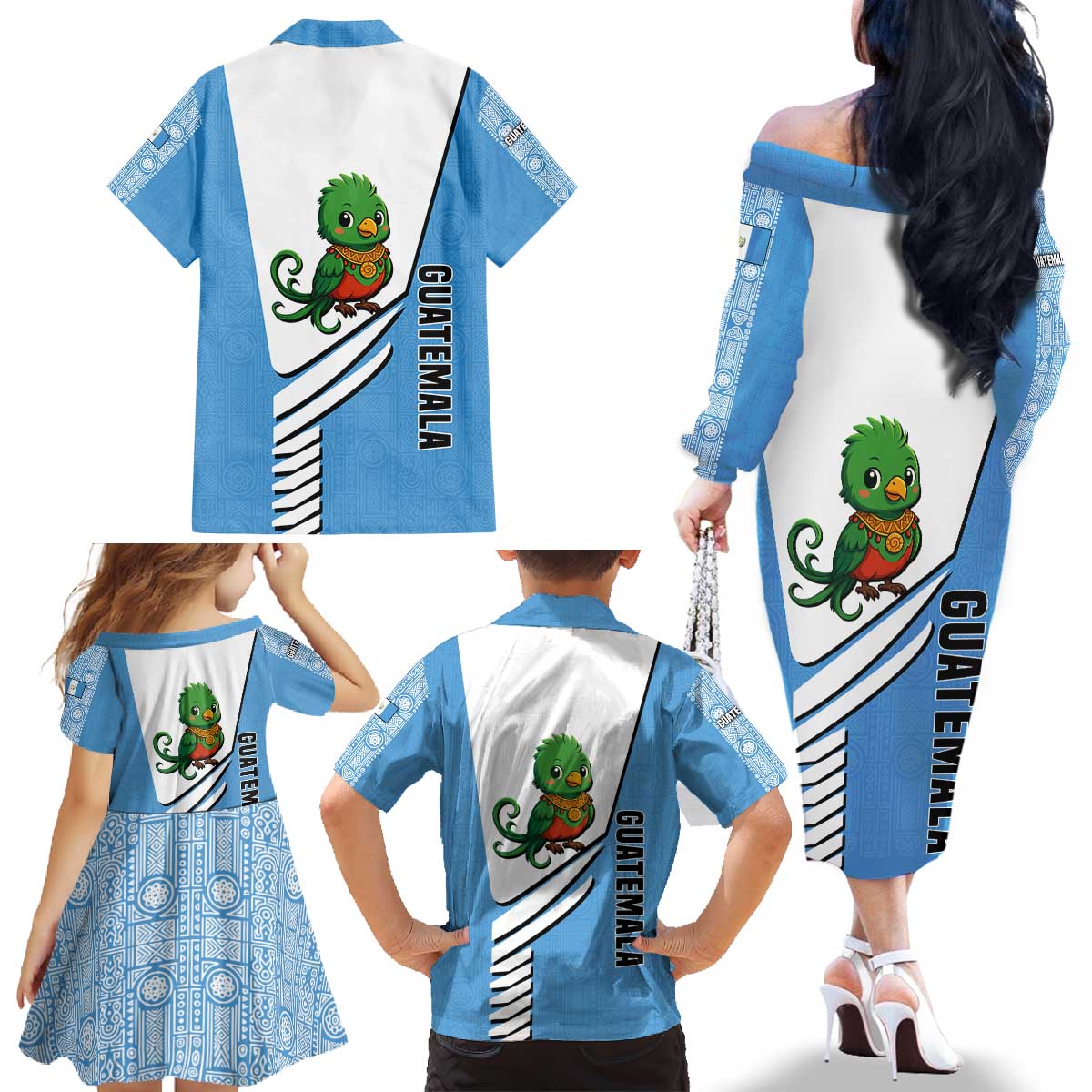 Guatemala Cute Quetzal Bird Family Matching Off The Shoulder Long Sleeve Dress and Hawaiian Shirt with Blue White Flag Colors and Tribal Pattern Design - Wonder Print Shop