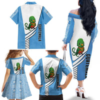 Guatemala Cute Quetzal Bird Family Matching Off The Shoulder Long Sleeve Dress and Hawaiian Shirt with Blue White Flag Colors and Tribal Pattern Design - Wonder Print Shop