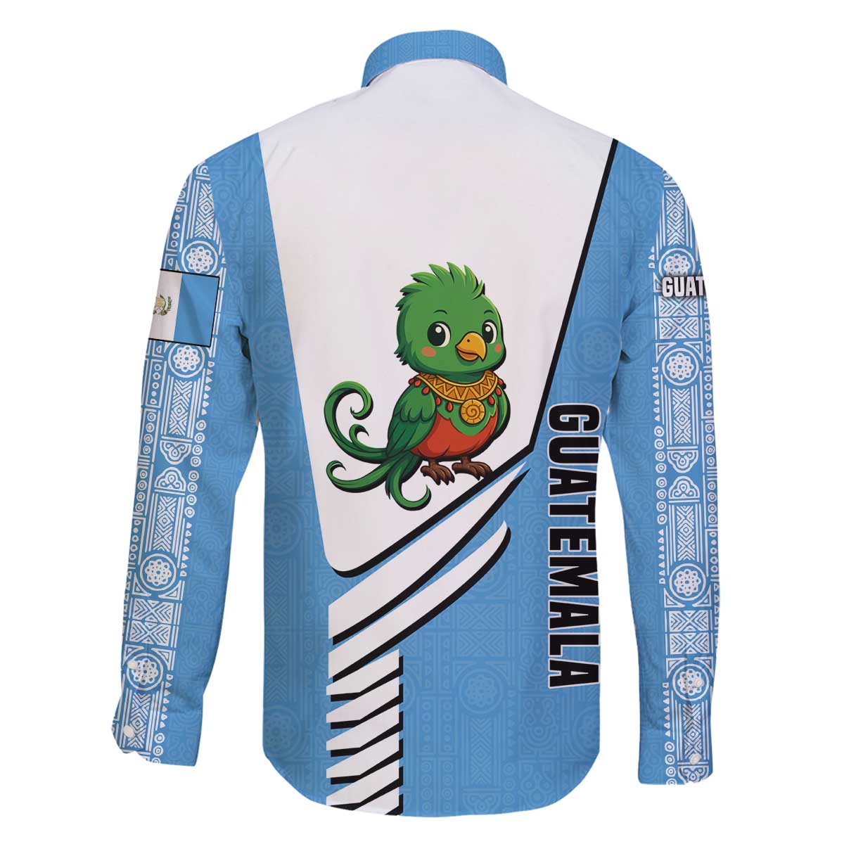 Guatemala Cute Quetzal Bird Family Matching Off The Shoulder Long Sleeve Dress and Hawaiian Shirt with Blue White Flag Colors and Tribal Pattern Design - Wonder Print Shop