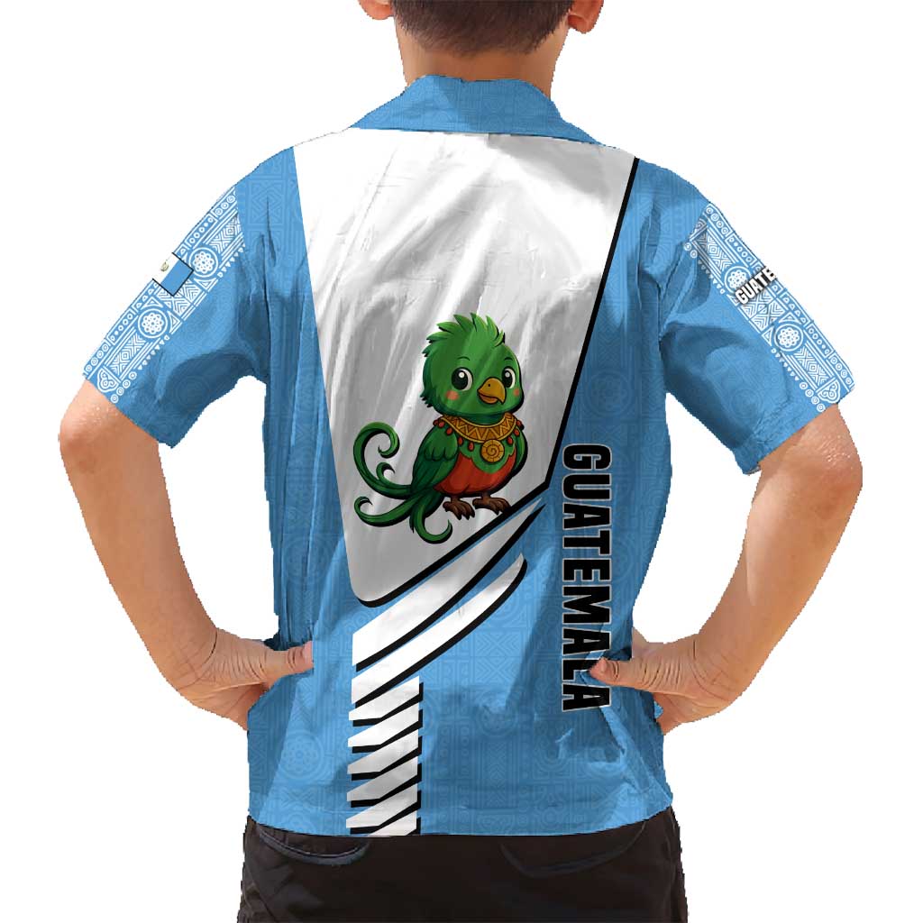 Guatemala Cute Quetzal Bird Family Matching Off Shoulder Maxi Dress and Hawaiian Shirt with Blue White Flag Colors and Tribal Pattern Design - Wonder Print Shop