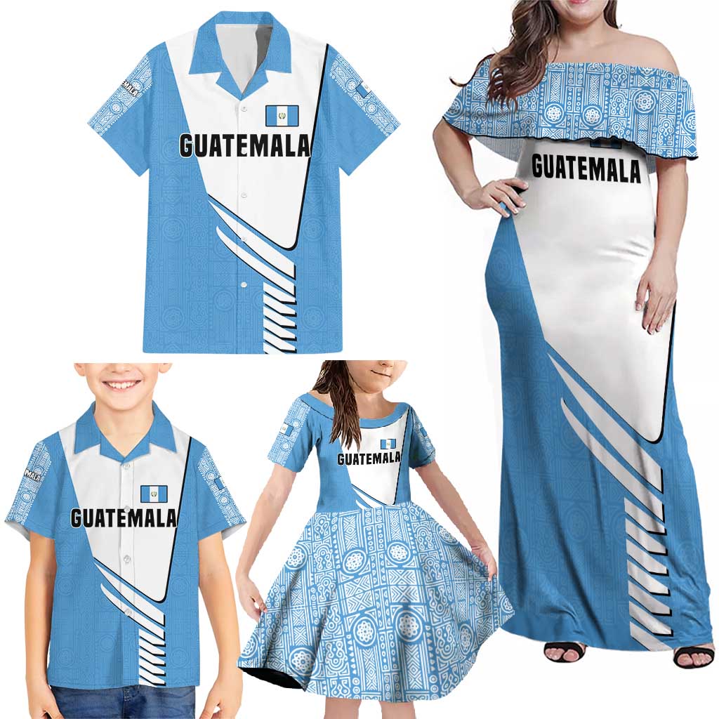 Guatemala Cute Quetzal Bird Family Matching Off Shoulder Maxi Dress and Hawaiian Shirt with Blue White Flag Colors and Tribal Pattern Design - Wonder Print Shop