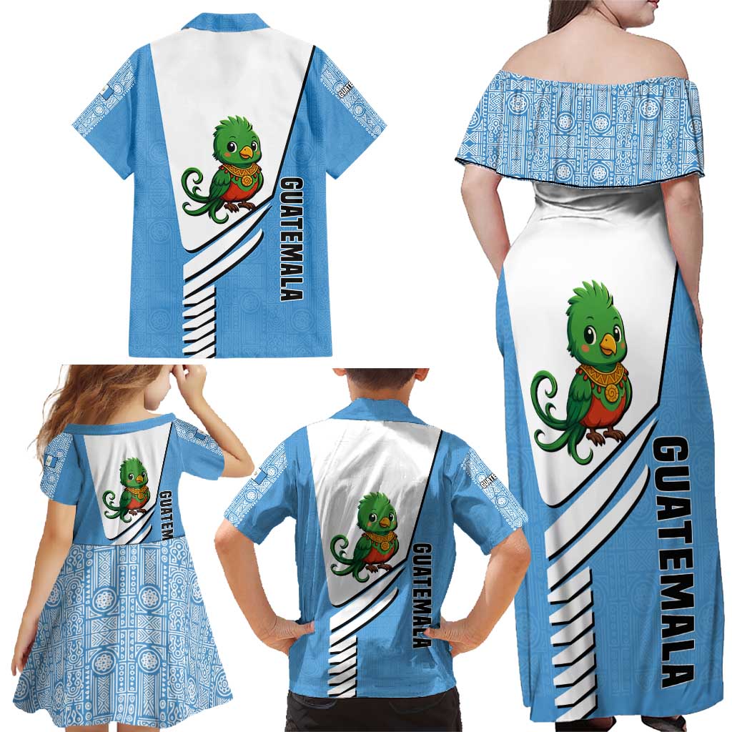 Guatemala Cute Quetzal Bird Family Matching Off Shoulder Maxi Dress and Hawaiian Shirt with Blue White Flag Colors and Tribal Pattern Design - Wonder Print Shop