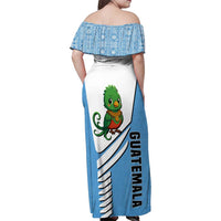 Guatemala Cute Quetzal Bird Family Matching Off Shoulder Maxi Dress and Hawaiian Shirt with Blue White Flag Colors and Tribal Pattern Design - Wonder Print Shop