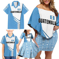 Guatemala Cute Quetzal Bird Family Matching Off Shoulder Short Dress and Hawaiian Shirt with Blue White Flag Colors and Tribal Pattern Design - Wonder Print Shop