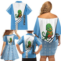 Guatemala Cute Quetzal Bird Family Matching Off Shoulder Short Dress and Hawaiian Shirt with Blue White Flag Colors and Tribal Pattern Design - Wonder Print Shop