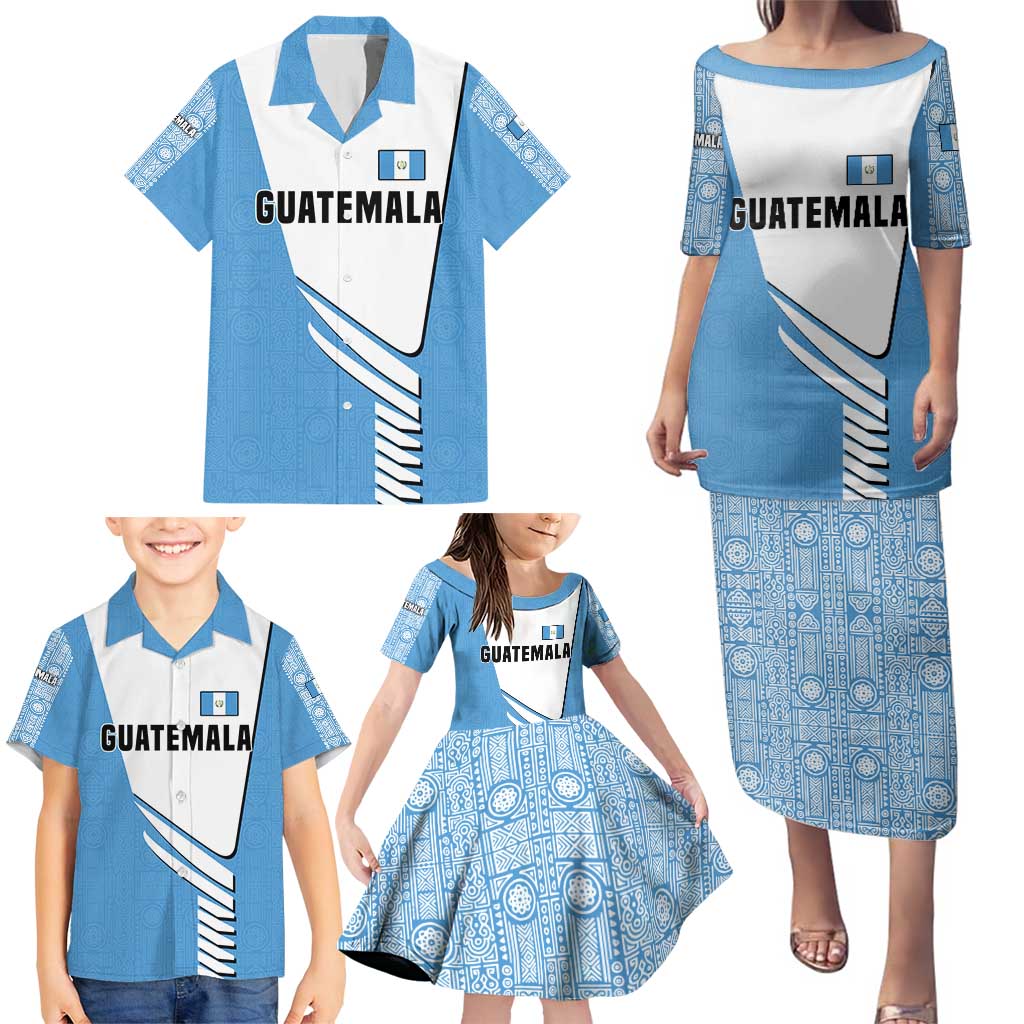 Guatemala Cute Quetzal Bird Family Matching Puletasi and Hawaiian Shirt with Blue White Flag Colors and Tribal Pattern Design - Wonder Print Shop