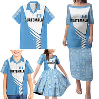 Guatemala Cute Quetzal Bird Family Matching Puletasi and Hawaiian Shirt with Blue White Flag Colors and Tribal Pattern Design - Wonder Print Shop