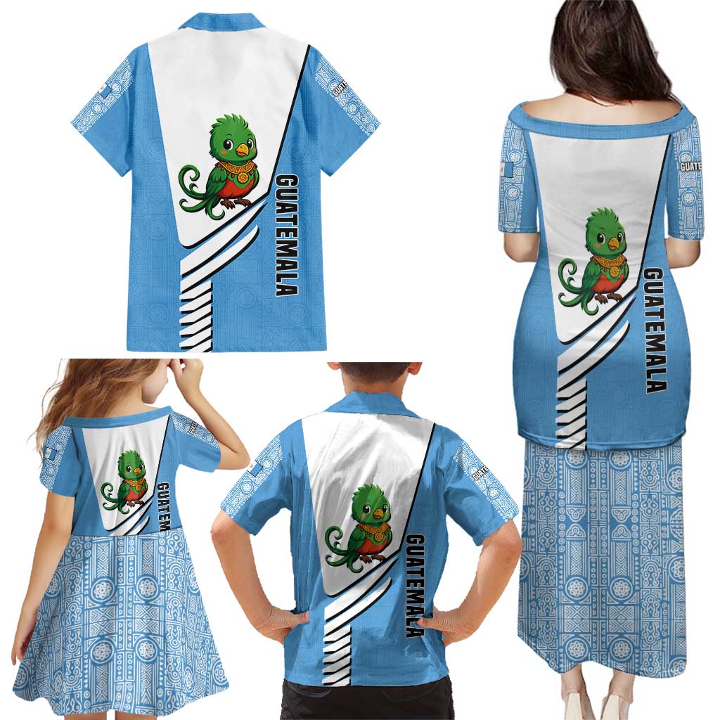 Guatemala Cute Quetzal Bird Family Matching Puletasi and Hawaiian Shirt with Blue White Flag Colors and Tribal Pattern Design - Wonder Print Shop