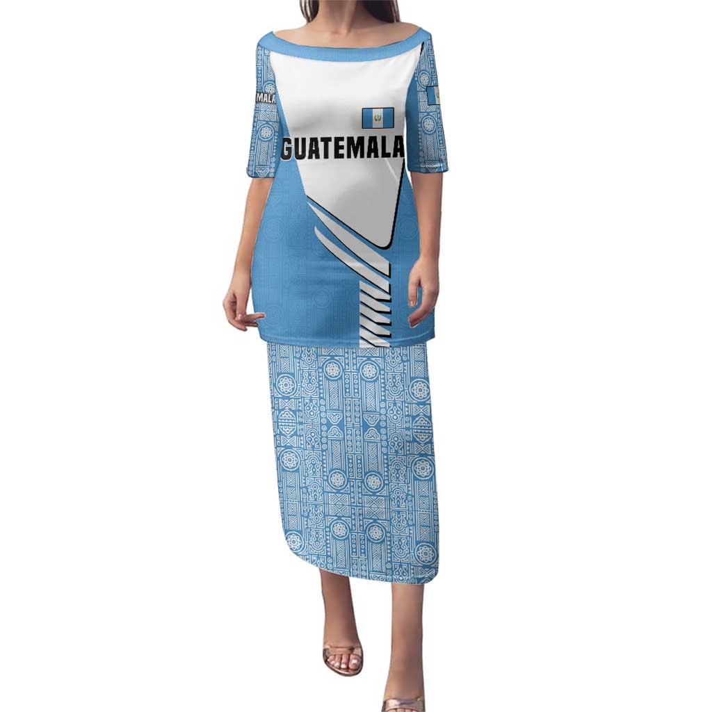 Guatemala Cute Quetzal Bird Family Matching Puletasi and Hawaiian Shirt with Blue White Flag Colors and Tribal Pattern Design - Wonder Print Shop