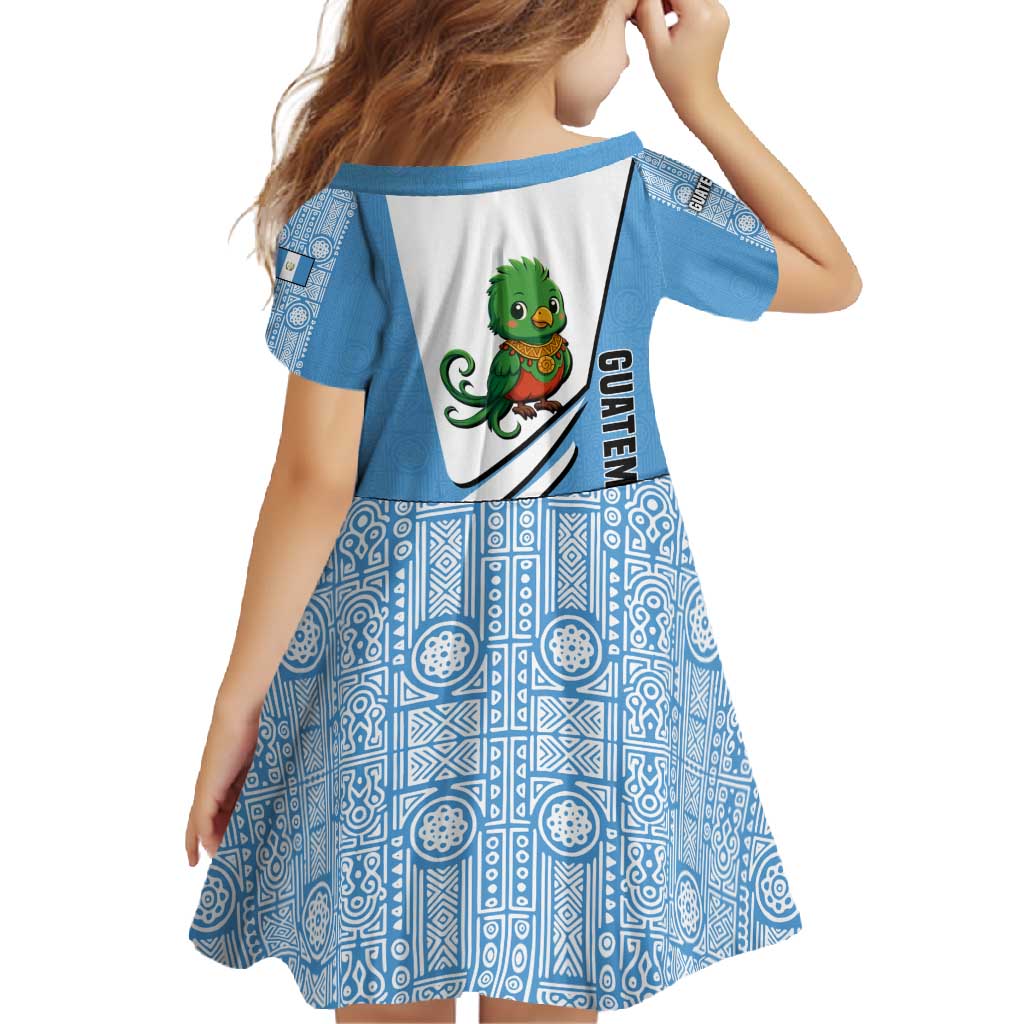 Guatemala Cute Quetzal Bird Family Matching Short Sleeve Bodycon Dress and Hawaiian Shirt with Blue White Flag Colors and Tribal Pattern Design - Wonder Print Shop