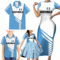 Guatemala Cute Quetzal Bird Family Matching Short Sleeve Bodycon Dress and Hawaiian Shirt with Blue White Flag Colors and Tribal Pattern Design - Wonder Print Shop