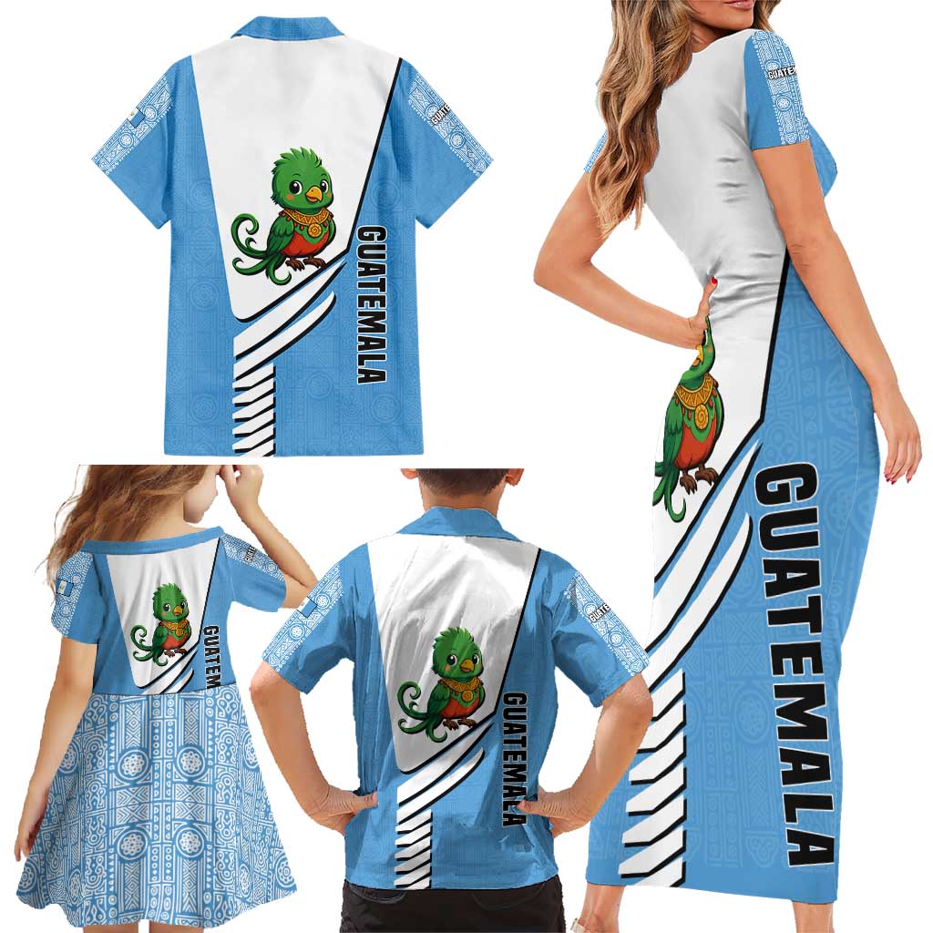 Guatemala Cute Quetzal Bird Family Matching Short Sleeve Bodycon Dress and Hawaiian Shirt with Blue White Flag Colors and Tribal Pattern Design - Wonder Print Shop