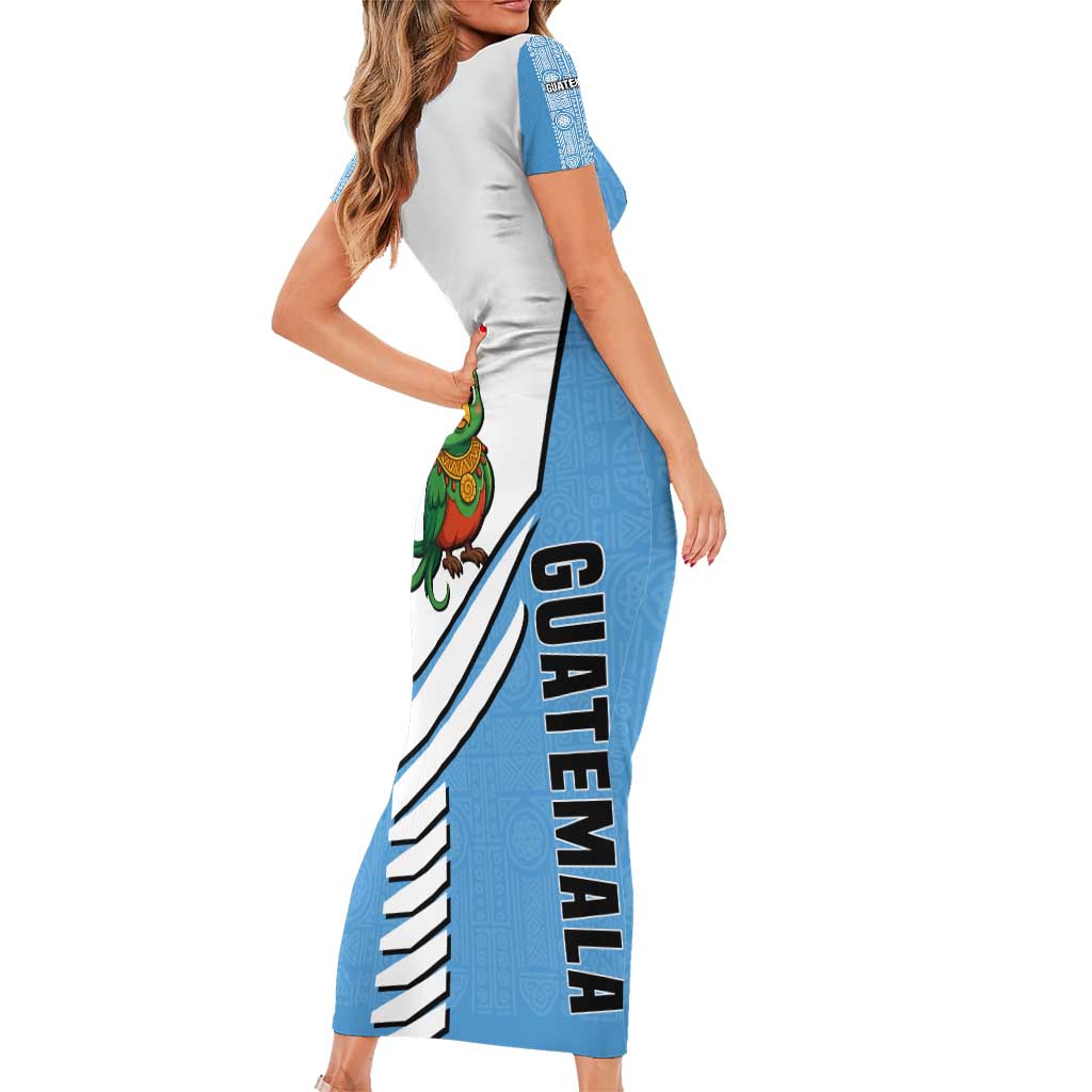 Guatemala Cute Quetzal Bird Family Matching Short Sleeve Bodycon Dress and Hawaiian Shirt with Blue White Flag Colors and Tribal Pattern Design - Wonder Print Shop