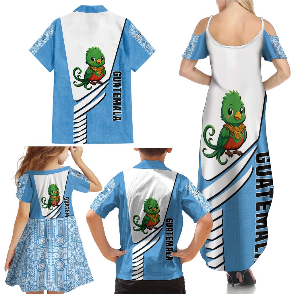 Guatemala Cute Quetzal Bird Family Matching Summer Maxi Dress and Hawaiian Shirt with Blue White Flag Colors and Tribal Pattern Design - Wonder Print Shop