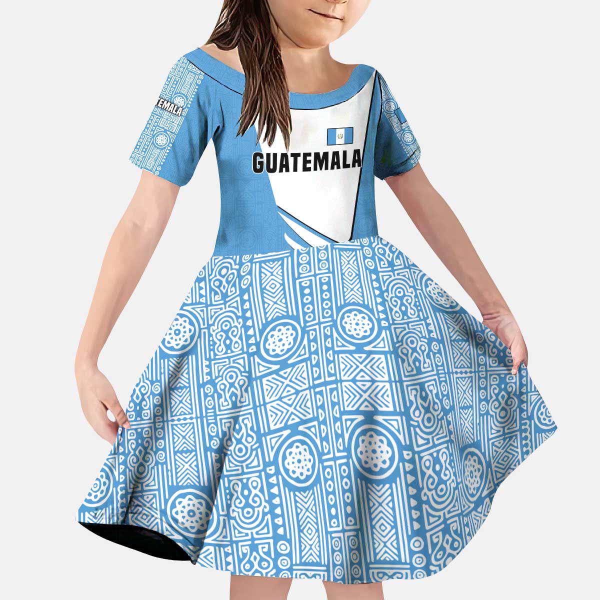 Guatemala Cute Quetzal Bird Kid Short Sleeve Dress with Blue White Flag Colors and Tribal Pattern Design - Wonder Print Shop