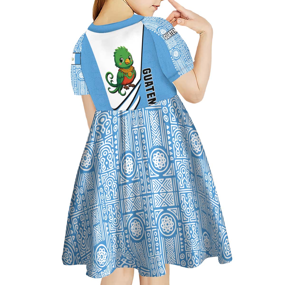 Guatemala Cute Quetzal Bird Kid Short Sleeve Dress with Blue White Flag Colors and Tribal Pattern Design - Wonder Print Shop