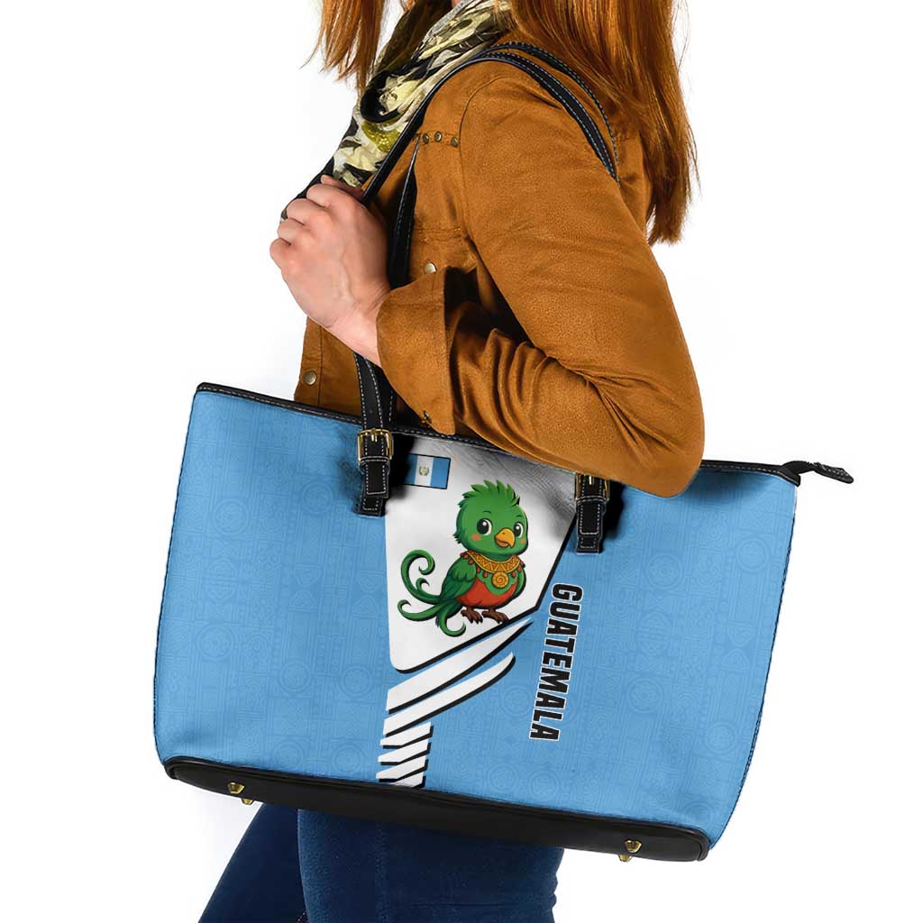Guatemala Cute Quetzal Bird Leather Tote Bag with Blue White Flag Colors and Tribal Pattern Design - Wonder Print Shop