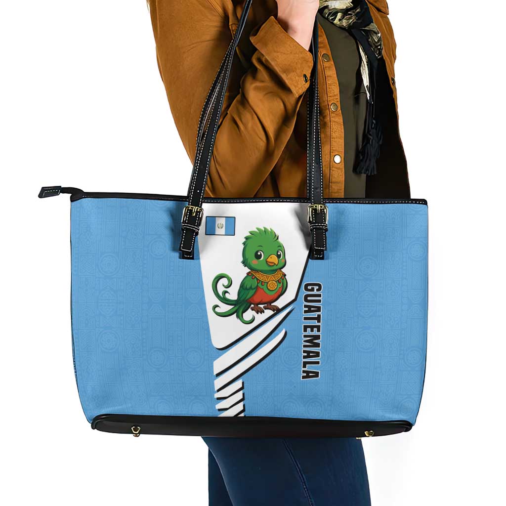 Guatemala Cute Quetzal Bird Leather Tote Bag with Blue White Flag Colors and Tribal Pattern Design - Wonder Print Shop