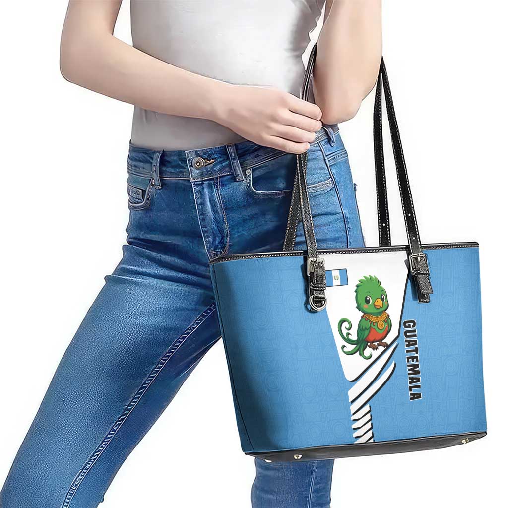 Guatemala Cute Quetzal Bird Leather Tote Bag with Blue White Flag Colors and Tribal Pattern Design - Wonder Print Shop