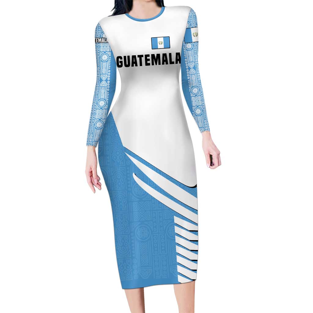 Guatemala Cute Quetzal Bird Long Sleeve Bodycon Dress with Blue White Flag Colors and Tribal Pattern Design - Wonder Print Shop