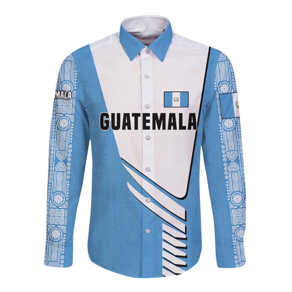 Guatemala Cute Quetzal Bird Long Sleeve Button Shirt with Blue White Flag Colors and Tribal Pattern Design - Wonder Print Shop