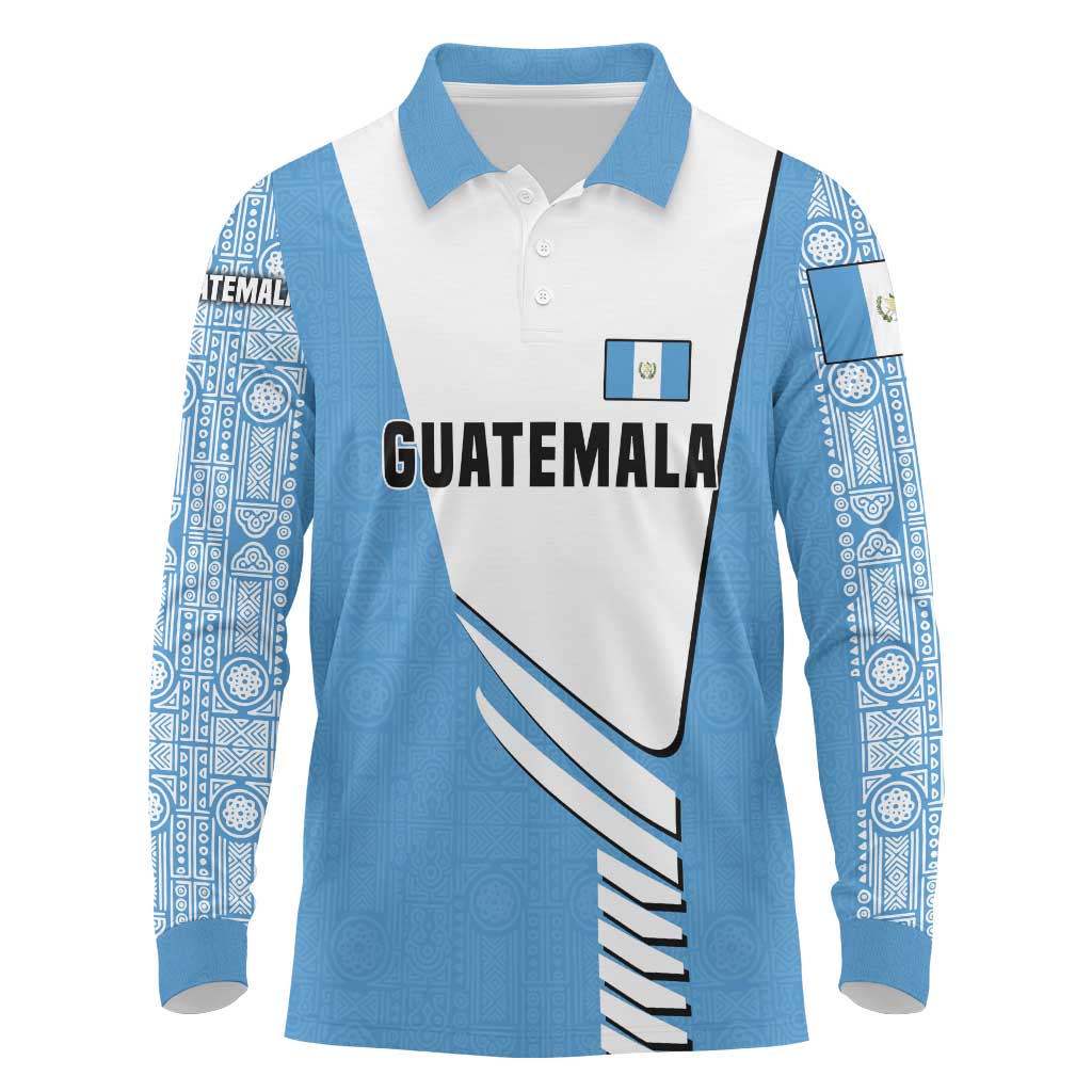 Guatemala Cute Quetzal Bird Long Sleeve Polo Shirt with Blue White Flag Colors and Tribal Pattern Design - Wonder Print Shop