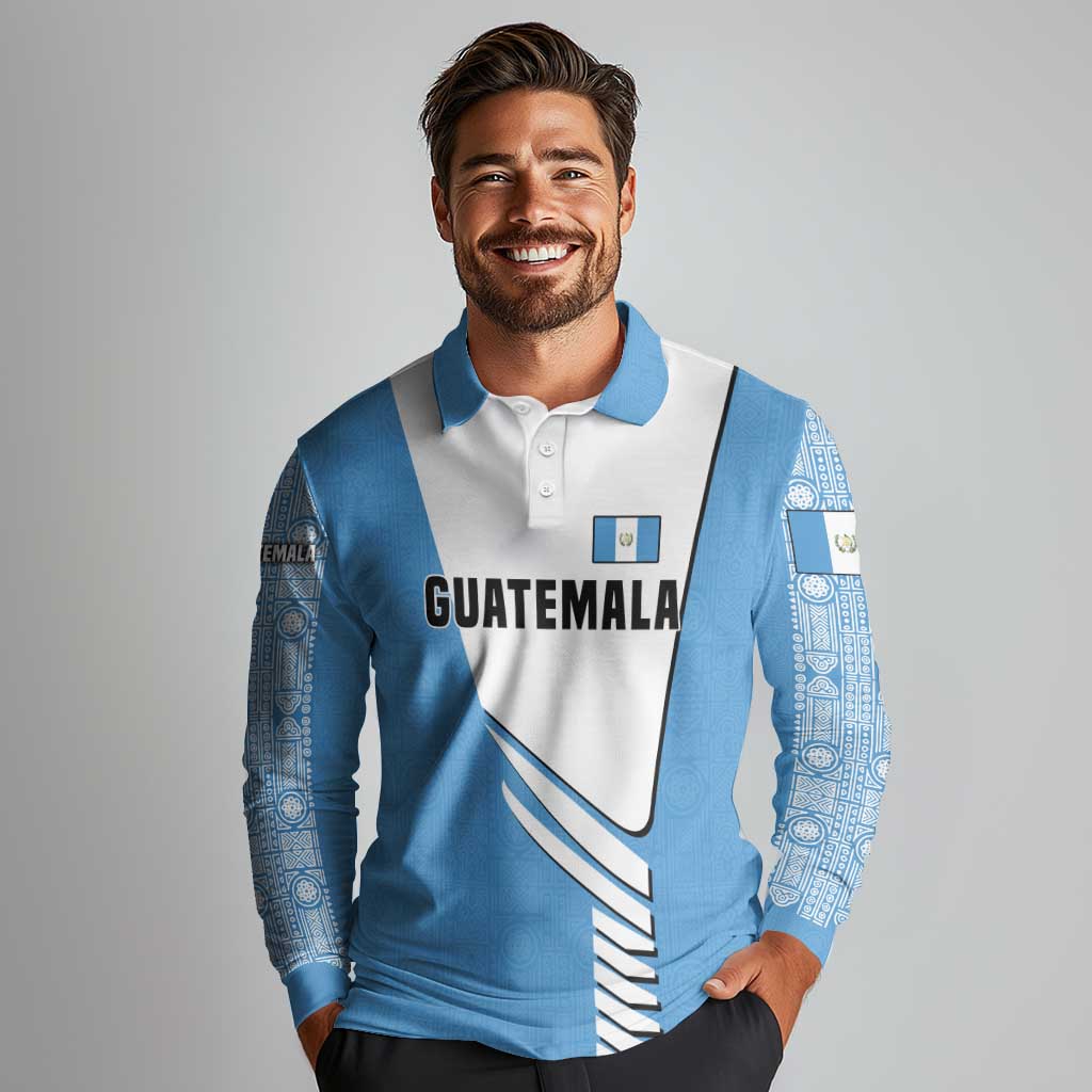 Guatemala Cute Quetzal Bird Long Sleeve Polo Shirt with Blue White Flag Colors and Tribal Pattern Design - Wonder Print Shop