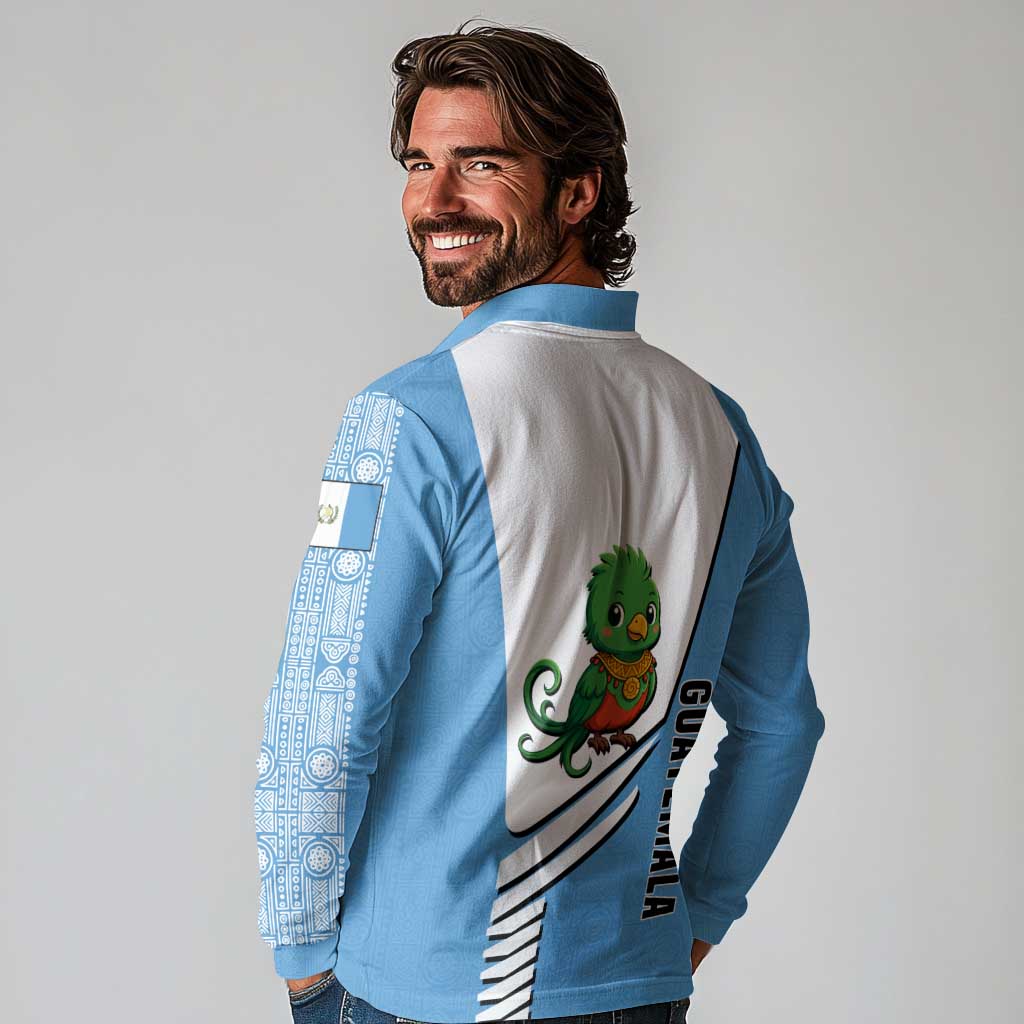 Guatemala Cute Quetzal Bird Long Sleeve Polo Shirt with Blue White Flag Colors and Tribal Pattern Design - Wonder Print Shop