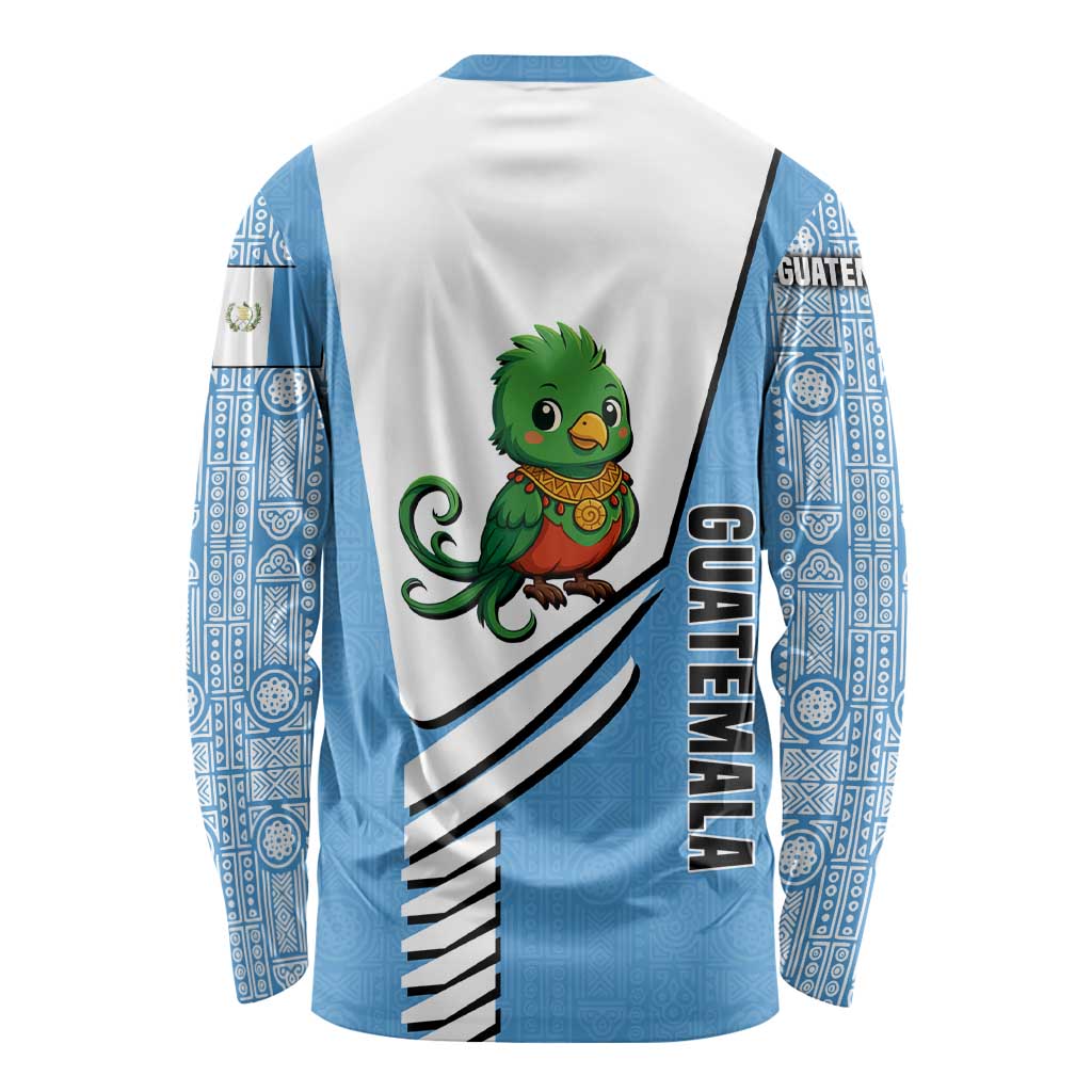 Guatemala Cute Quetzal Bird Long Sleeve Shirt with Blue White Flag Colors and Tribal Pattern Design - Wonder Print Shop
