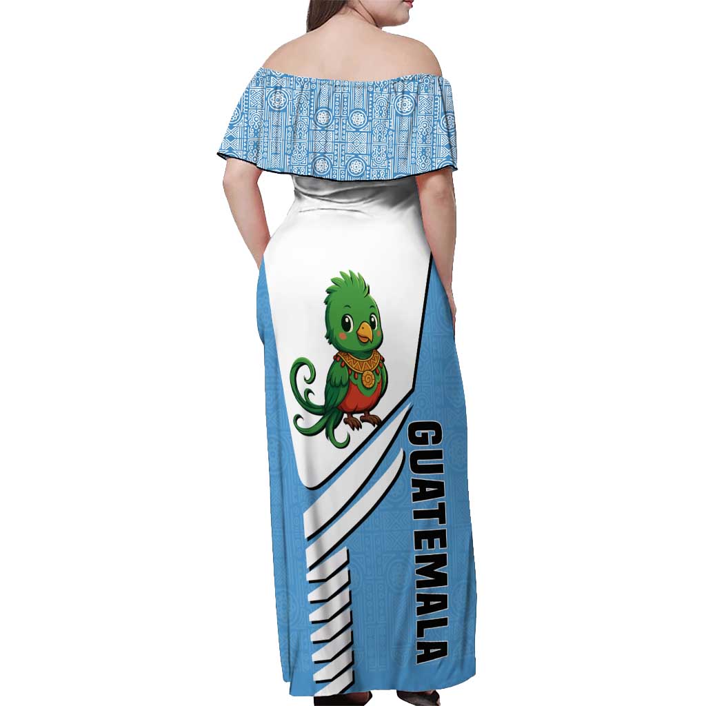 Guatemala Cute Quetzal Bird Off Shoulder Maxi Dress with Blue White Flag Colors and Tribal Pattern Design - Wonder Print Shop
