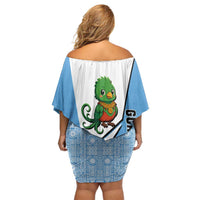 Guatemala Cute Quetzal Bird Off Shoulder Short Dress with Blue White Flag Colors and Tribal Pattern Design - Wonder Print Shop