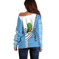 Guatemala Cute Quetzal Bird Off Shoulder Sweater with Blue White Flag Colors and Tribal Pattern Design - Wonder Print Shop