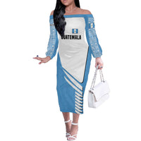 Guatemala Cute Quetzal Bird Off The Shoulder Long Sleeve Dress with Blue White Flag Colors and Tribal Pattern Design - Wonder Print Shop