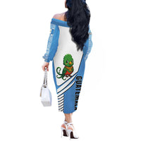 Guatemala Cute Quetzal Bird Off The Shoulder Long Sleeve Dress with Blue White Flag Colors and Tribal Pattern Design - Wonder Print Shop
