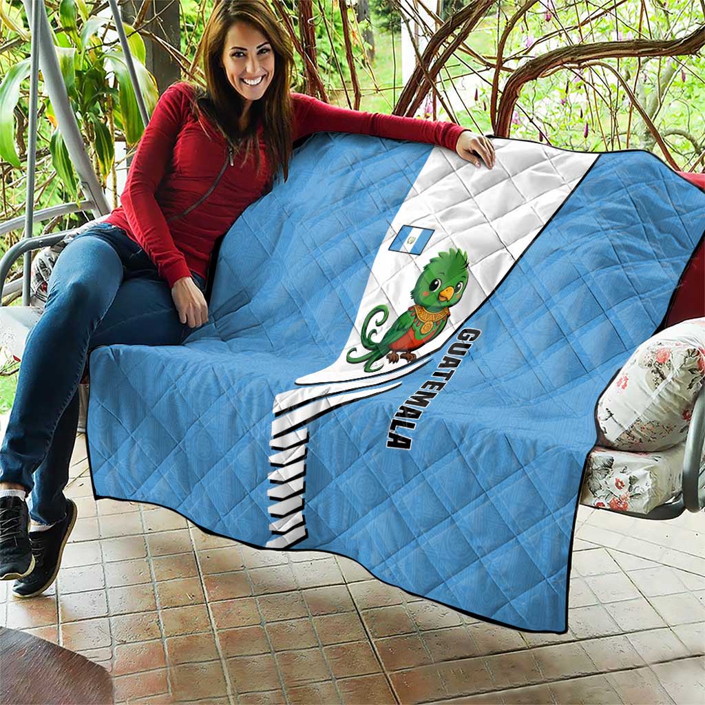 Guatemala Cute Quetzal Bird Quilt with Blue White Flag Colors and Tribal Pattern Design - Wonder Print Shop